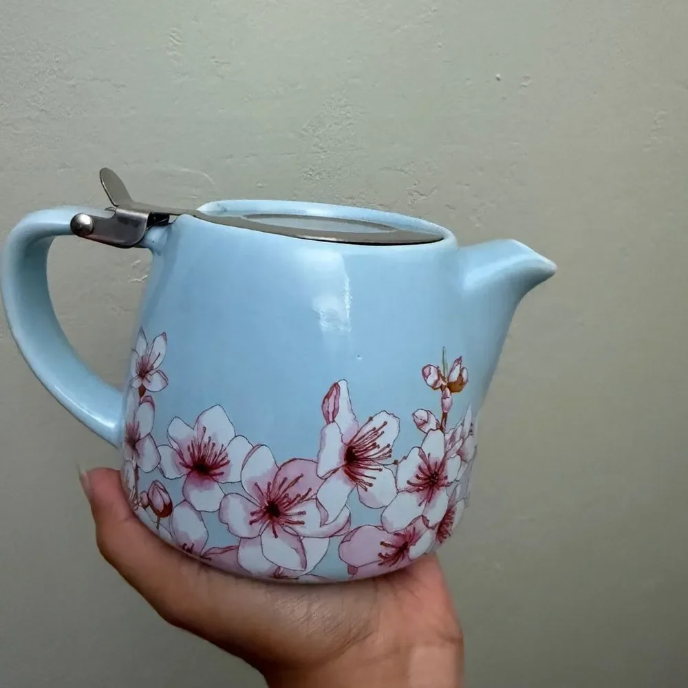 Alfred Blue & Pink Cherry Blossom Ceramic Stainless Steel Tea Pot Infuser A7